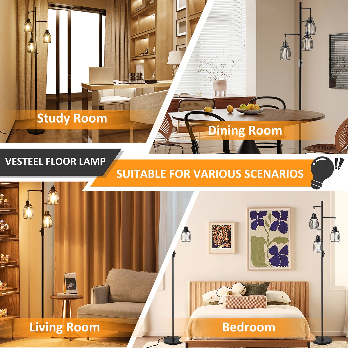 Vesteel Floor Lamp for Living Room, Industrial Dimmable Lamp with 3 Teardrop Cage and Bulbs, Farmhouse Standing Tree Lamp Design for Bedroom Office Dining Room