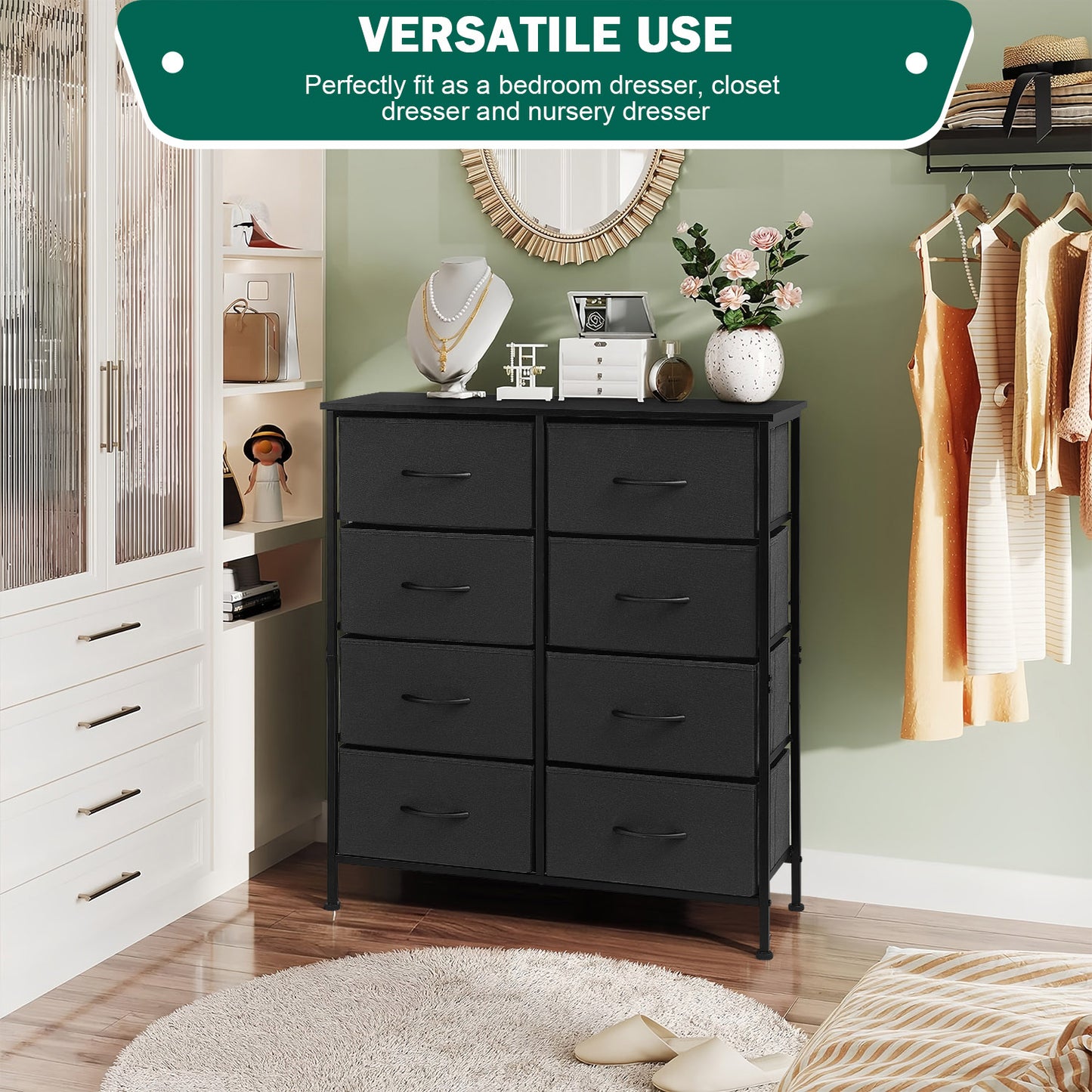 Vesteel 8 Drawers Dresser for Bedroom, Double Dresser Tall Storage Tower with Fabric Bins, Chest of Drawers for Closet, Living Room, Hallway, Black