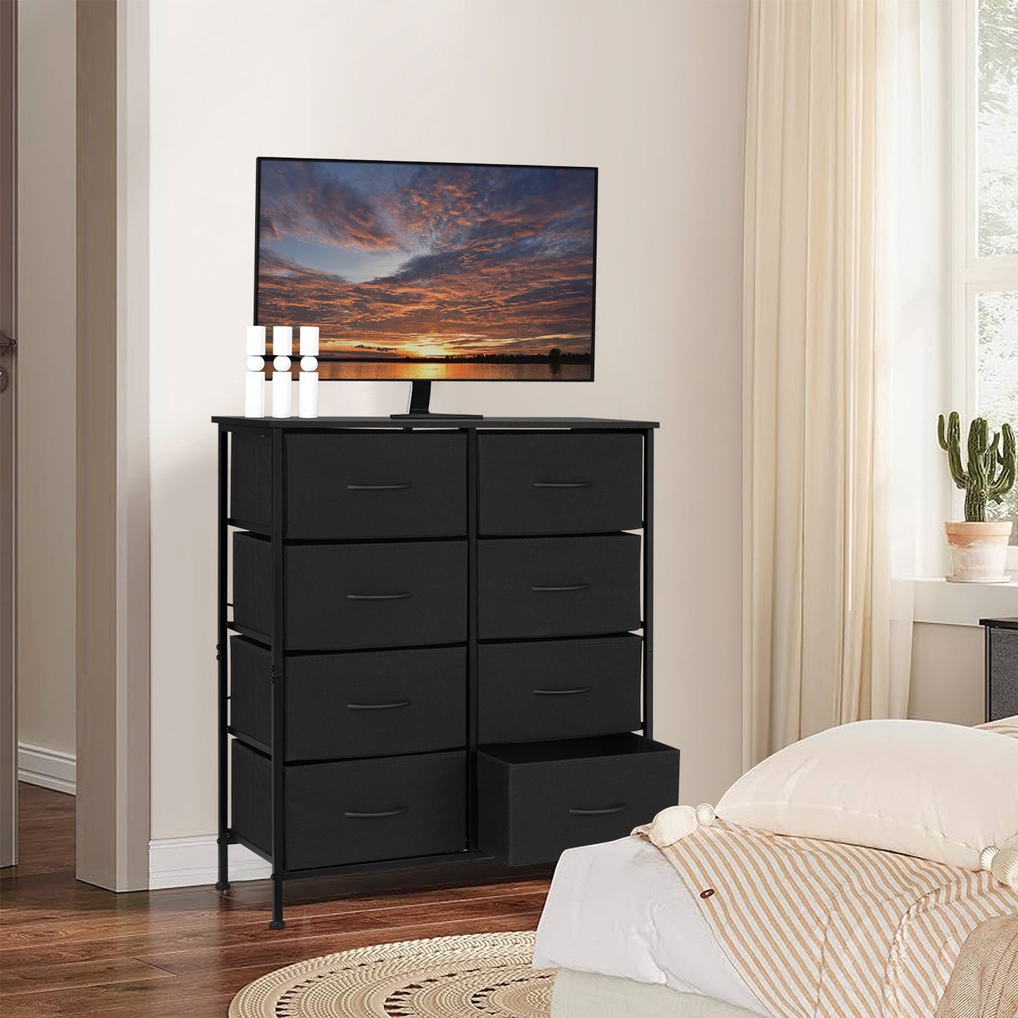 Vesteel Dresser for Bedroom with 8 Fabric Drawers, Storage Tower with Wooden Top and Metal Frame, Chest of Clothes Organizer for Living Room, Entryway - Black