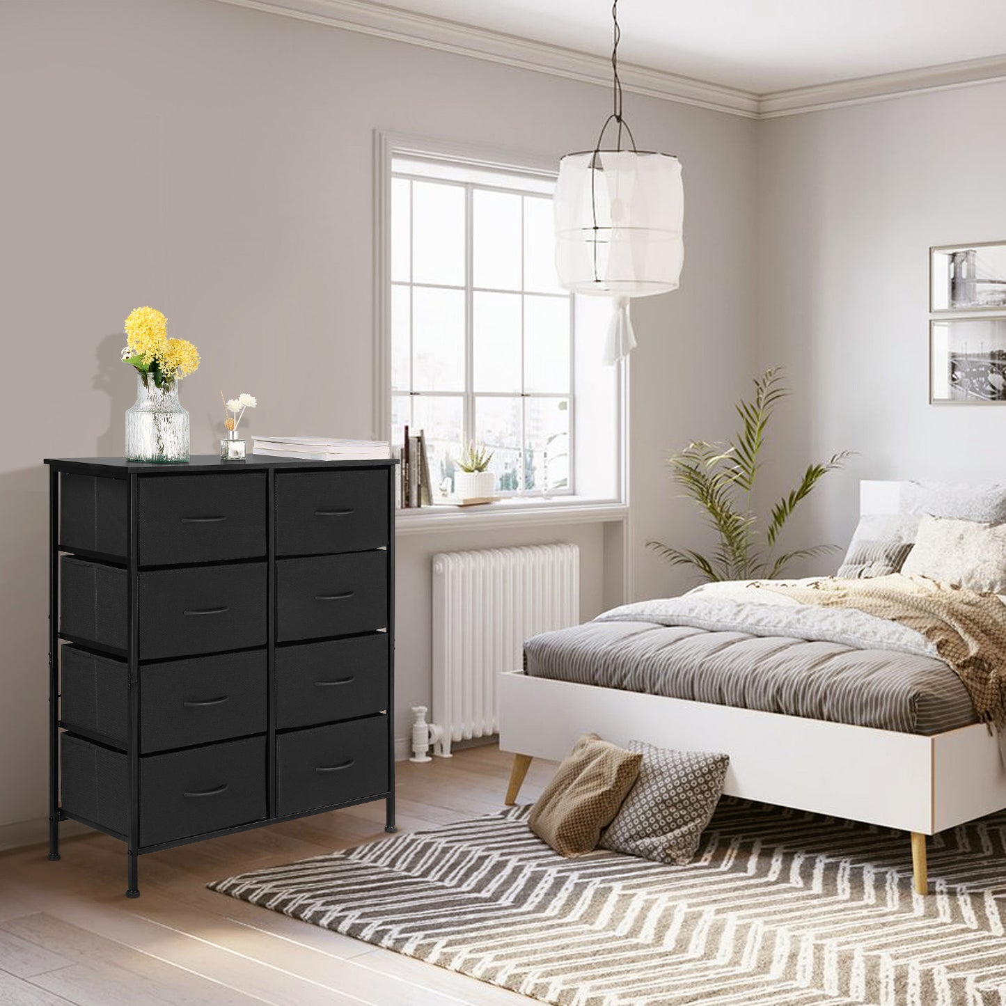 Vesteel Dresser for Bedroom with 8 Fabric Drawers, Storage Tower with Wooden Top and Metal Frame, Chest of Clothes Organizer for Living Room, Entryway - Black
