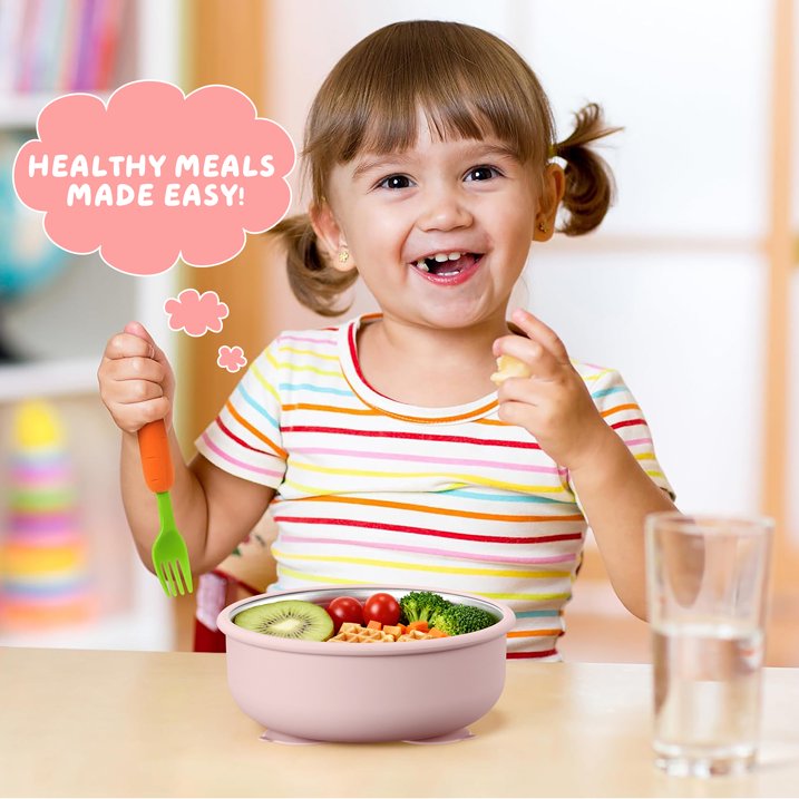 Vesteel Stainless Steel Kids Bowls with Suction, 3-Piece Suction Plates & Bowls for Toddlers, Removable Silicone Shell & Dishwasher Safe, Blue/Green/Pink