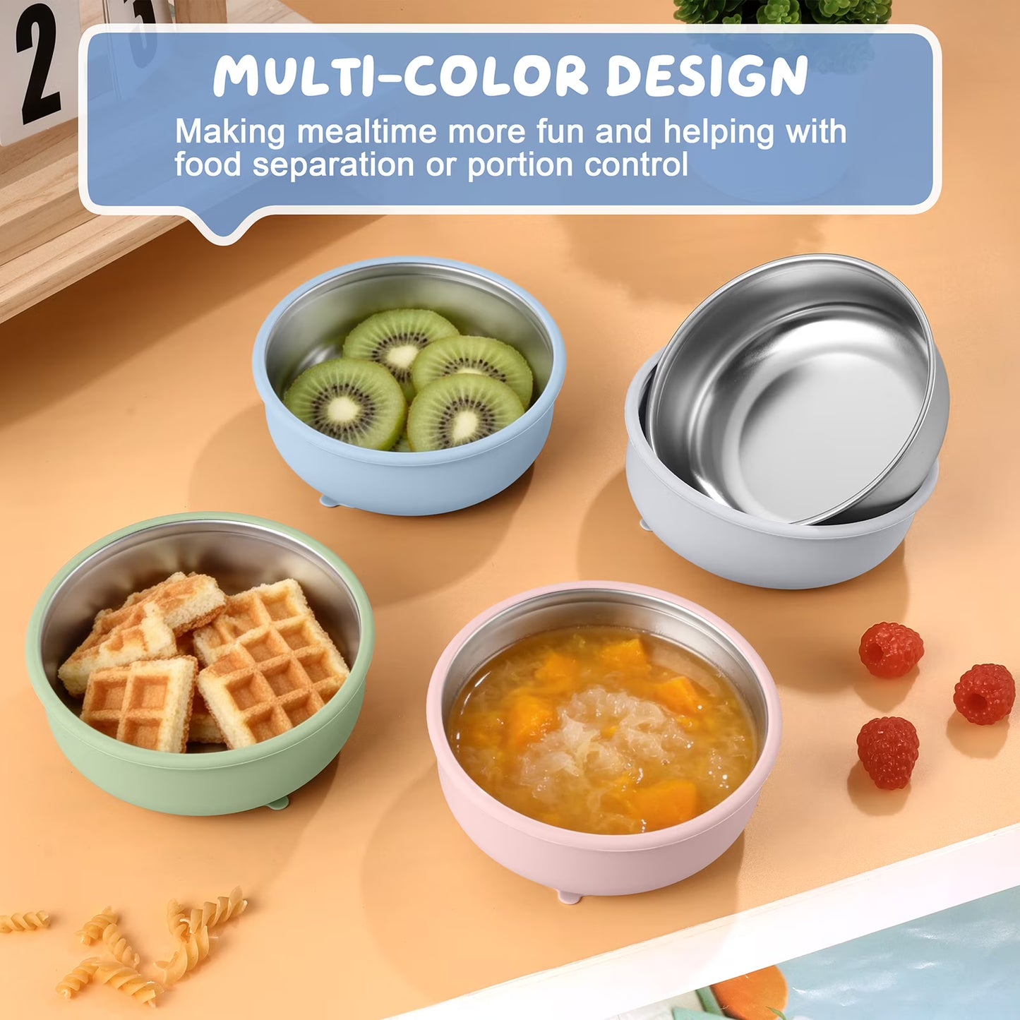 Vesteel Stainless Steel Kids Bowls with Suction, 3-Piece Suction Plates & Bowls for Toddlers, Removable Silicone Shell & Dishwasher Safe, Blue/Pink/Grey