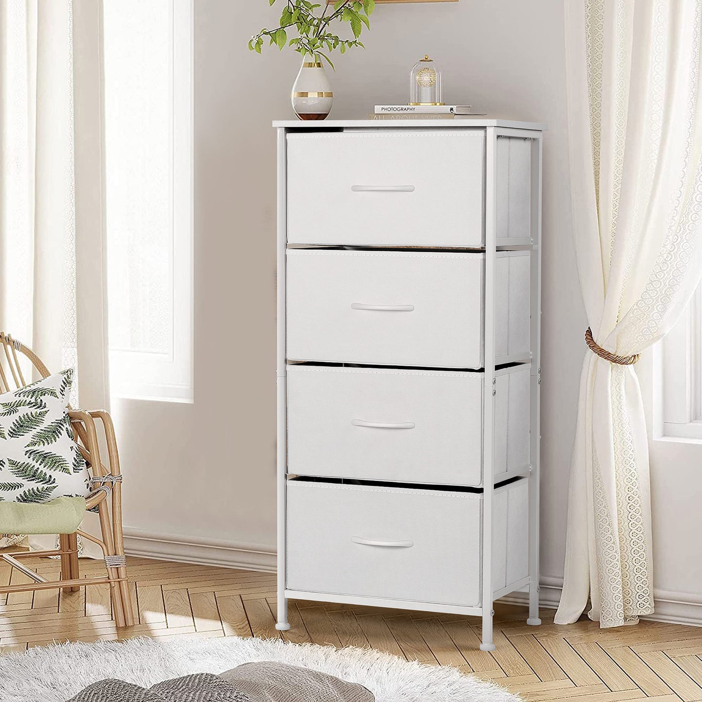 4 Drawers Dresser for Bedroom, Vesteel Fabric Chest of Drawers Tall Storage Tower with Wood Top and Sturdy Steel Frame, Storage Organizer Unit for Closet, Living Room, Hallway - White
