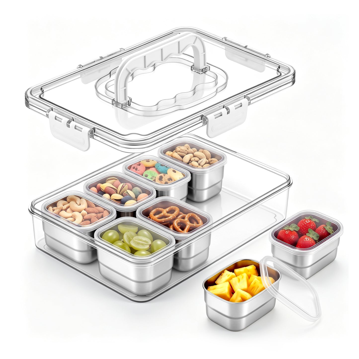 Vesteel Stainless Steel Snackle Box Container, 8-Compartment Divided Tray with Lid and Handle, Portable Snack Container for Fruit Candy Nuts, Snack Serving Platter for Beach Travel & Picnic