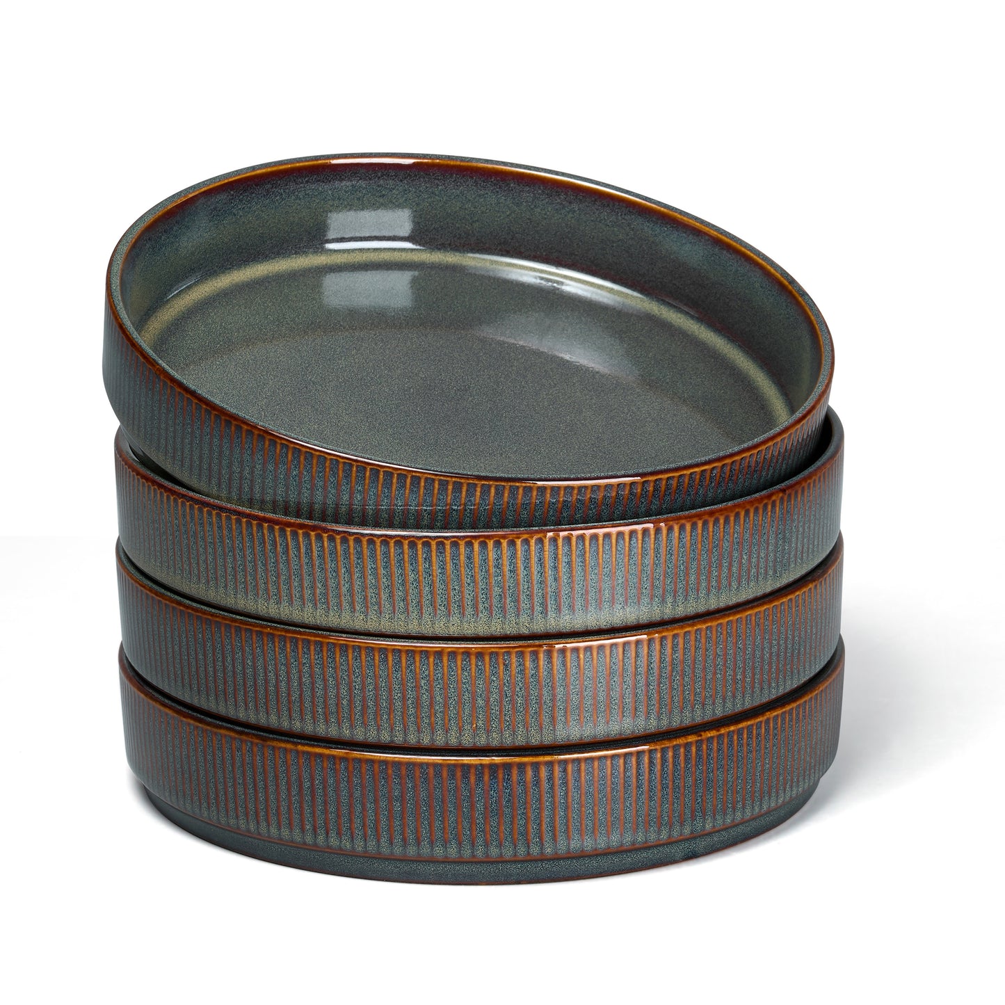 Vesteel Pasta Bowls Set of 4, 32oz Large Salad Bowls for Dinner Serving Soup, Ceramic Stoneware Pasta Plates with Textured Stripes, Microwave & Dishwasher Safe, Blackish Green
