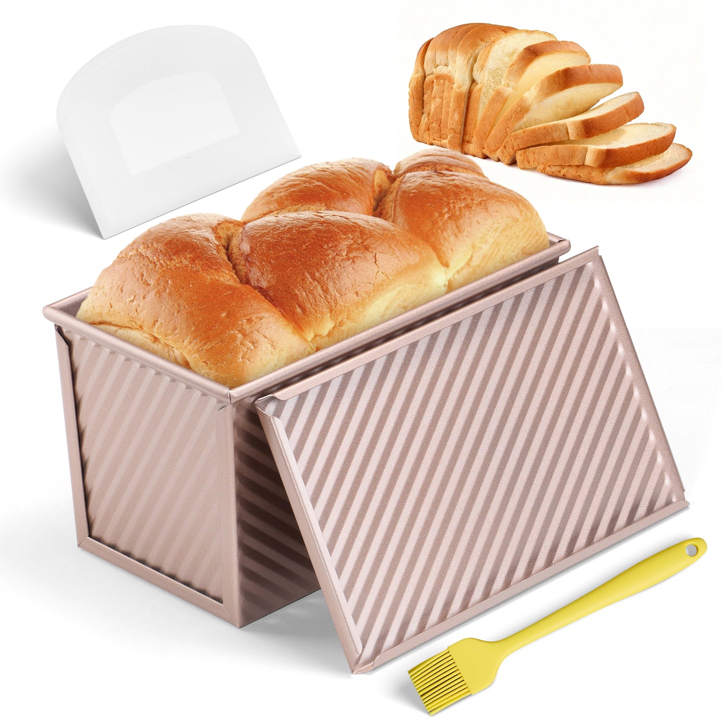 Vesteel Pullman Loaf Pan with Lid, 1 Pound Dough Capacity Rectangular Bread Pan for Homemade Bread, Non-Stick Long Bread Pan with Dough Scraper & Silicone Brush, Rose Gold