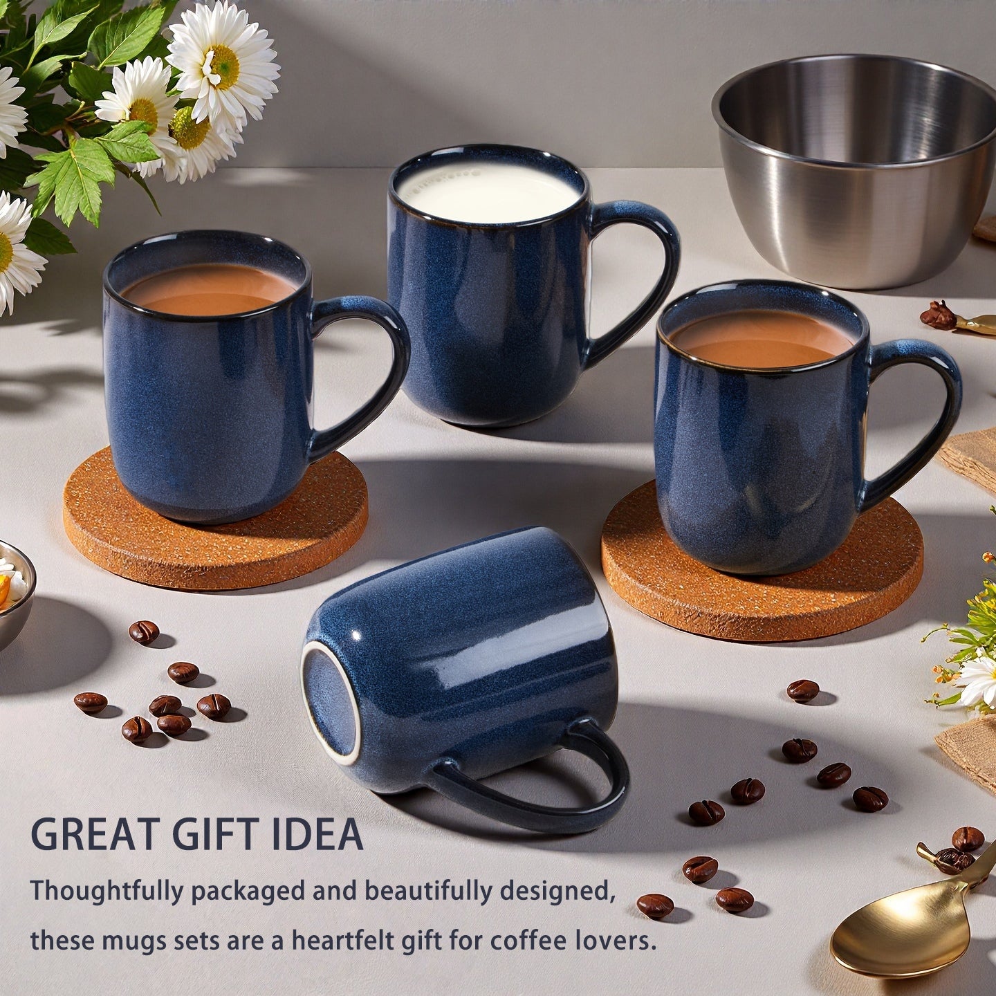 Onader 14OZ Coffee Mugs Set of 4, Stoneware Coffee Mugs Set with Handle, Ceramic Coffee Cups for Latte/Tea/Cappuccino, Dishwasher & Microwave Safe - Starry Blue