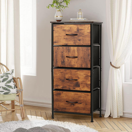 4 Drawers Dresser for Bedroom, Vesteel Fabric Chest of Drawers Tall Storage Tower with Wood Top and Sturdy Steel Frame, Storage Organizer Unit for Closet, Living Room, Hallway - Rustic Brown