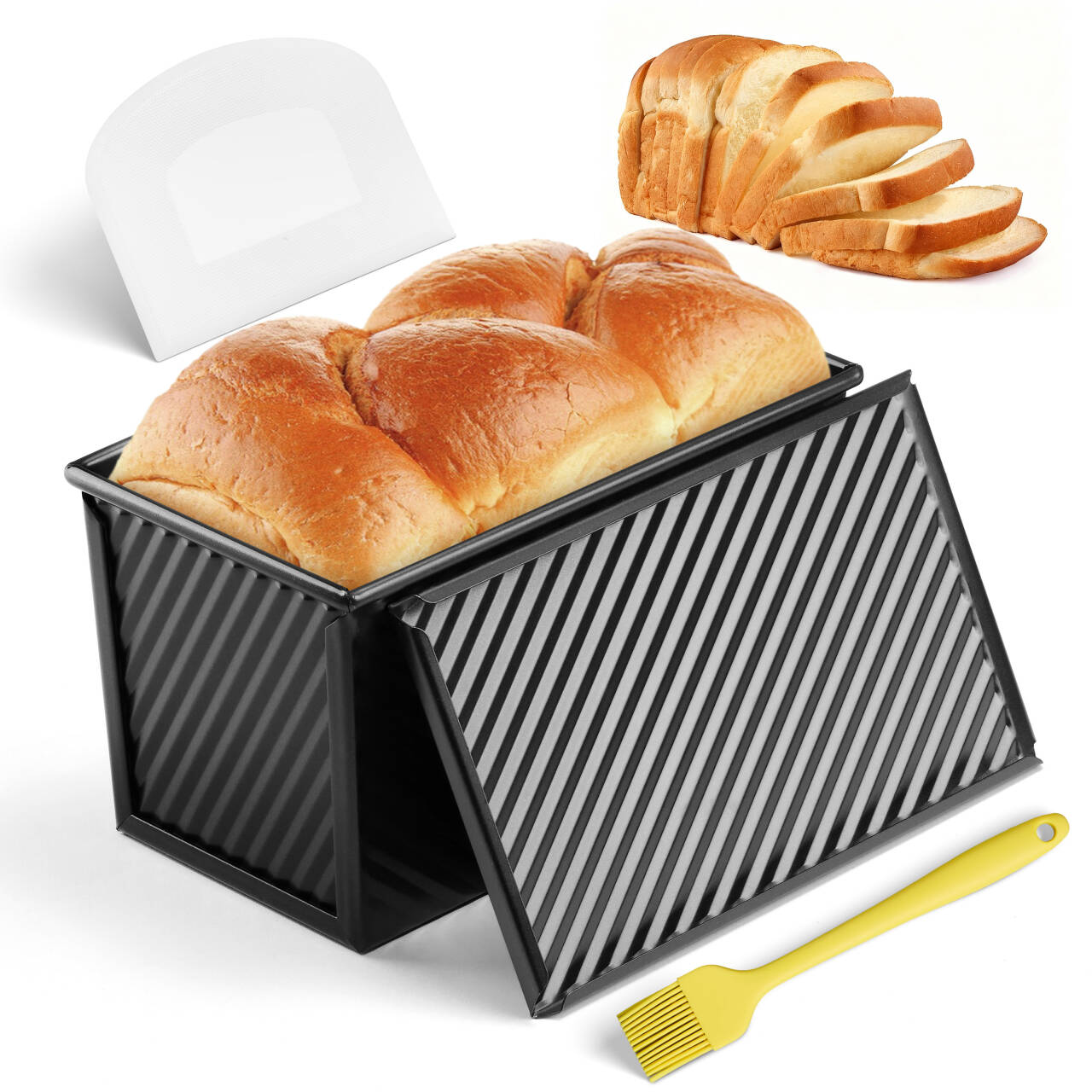 Vesteel Pullman Loaf Pan with Lid, 1 Pound Dough Capacity Rectangular Bread Pan for Homemade Bread, Non-Stick Long Bread Pan with Dough Scraper & Silicone Brush, Black