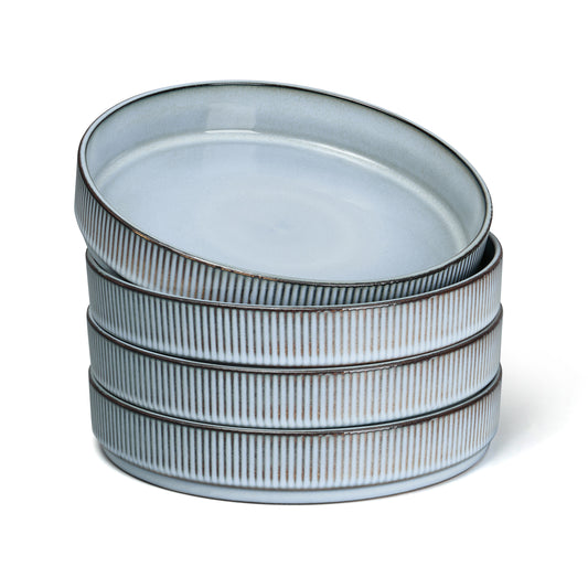 Vesteel Pasta Bowls Set of 4, 32oz Large Salad Bowls for Dinner Serving Soup, Ceramic Stoneware Pasta Plates with Textured Stripes, Microwave & Dishwasher Safe, Smoky Blue