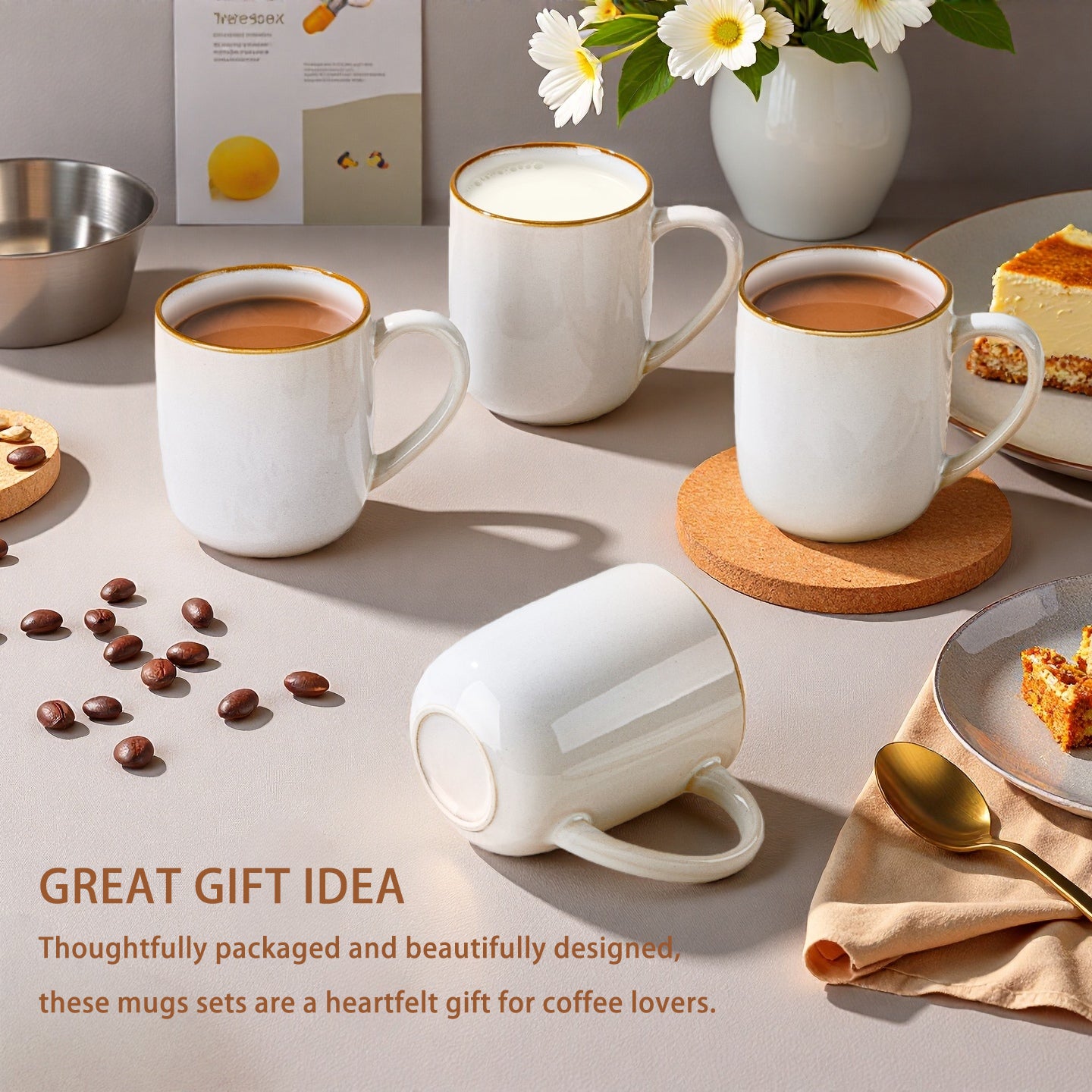 Onader 14OZ Coffee Mugs Set of 4, Stoneware Coffee Mugs Set with Handle, Ceramic Coffee Cups for Latte/Tea/Cappuccino, Dishwasher & Microwave Safe