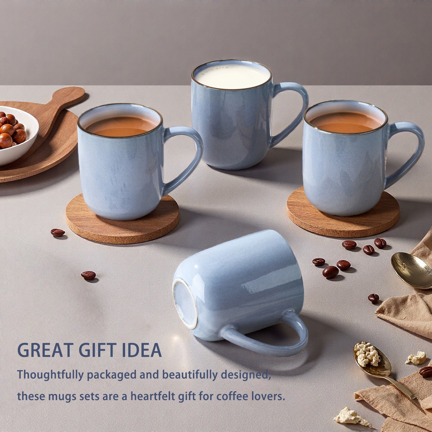 Onader 14OZ Coffee Mugs Set of 4, Stoneware Coffee Mugs Set with Handle, Ceramic Coffee Cups for Latte/Tea/Cappuccino, Dishwasher & Microwave Safe - Grey Blue