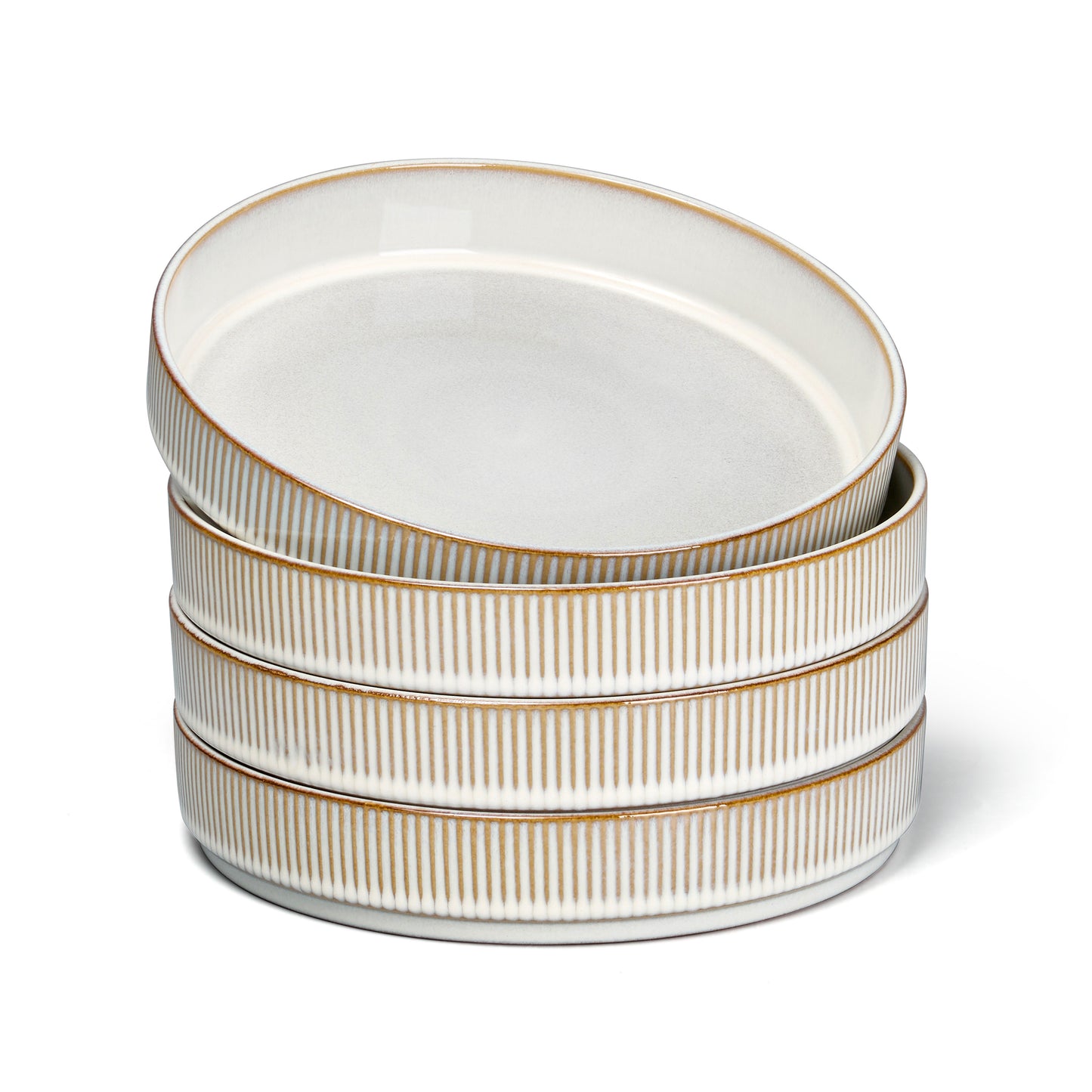 Vesteel Pasta Bowls Set of 4, 32oz Large Salad Bowls for Dinner Serving Soup, Ceramic Stoneware Pasta Plates with Textured Stripes, Microwave & Dishwasher Safe, Seashell White
