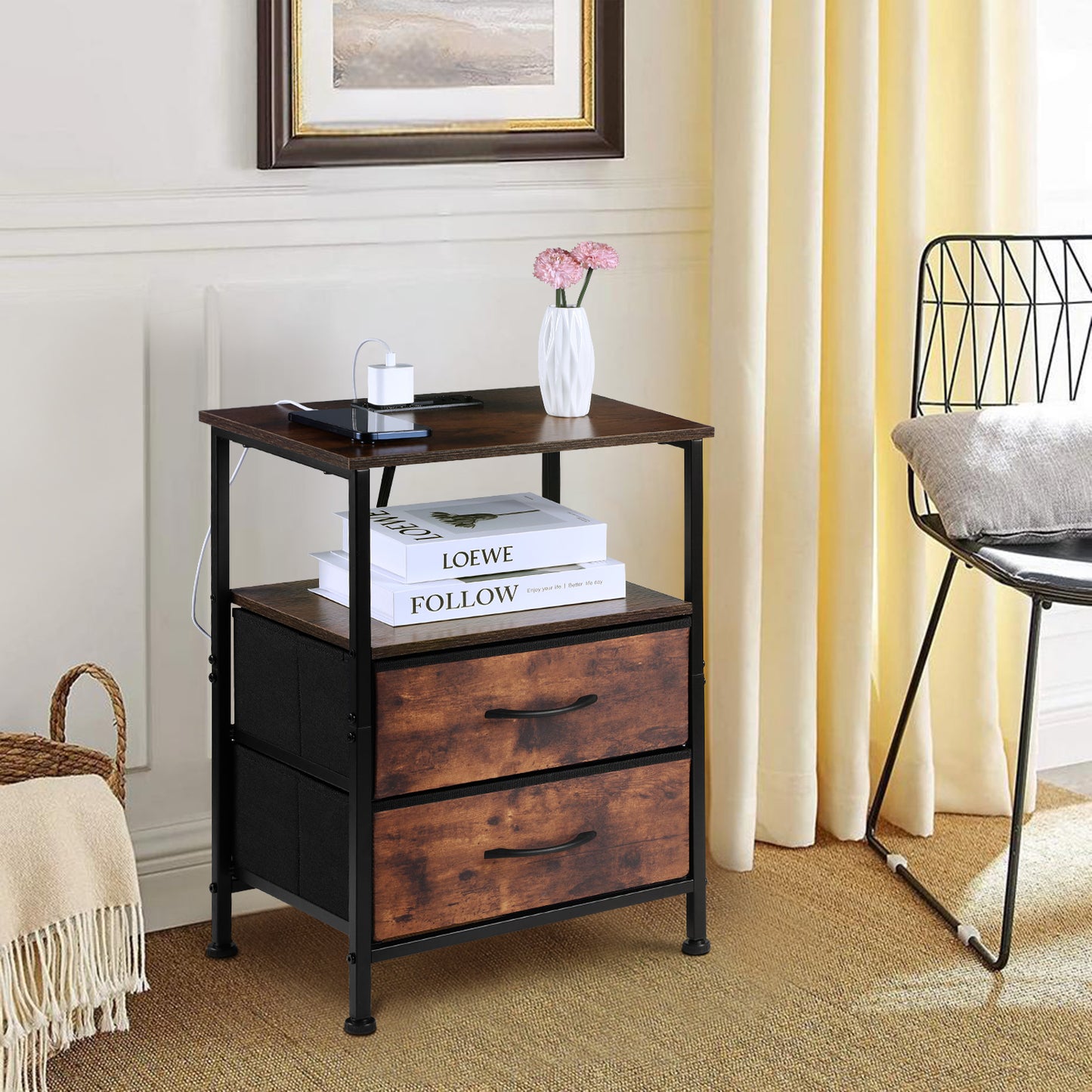 Vesteel Night Stand With Charging Station, Bed Side Table with 2 Fabric Drawers & 2-Tier Shelves, End Table with Sturdy Steel Frame for Bedroom Office Hallway Living Room - Rustic Brown