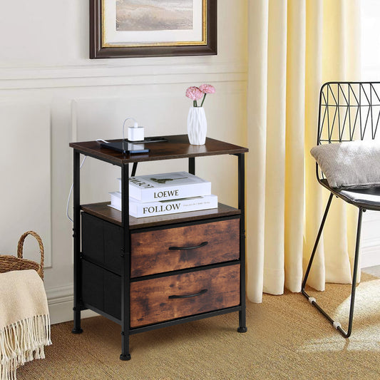 Vesteel Night Stand With Charging Station, Bed Side Table with 2 Fabric Drawers & 2-Tier Shelves, End Table with Sturdy Steel Frame for Bedroom Office Hallway Living Room - Rustic Brown