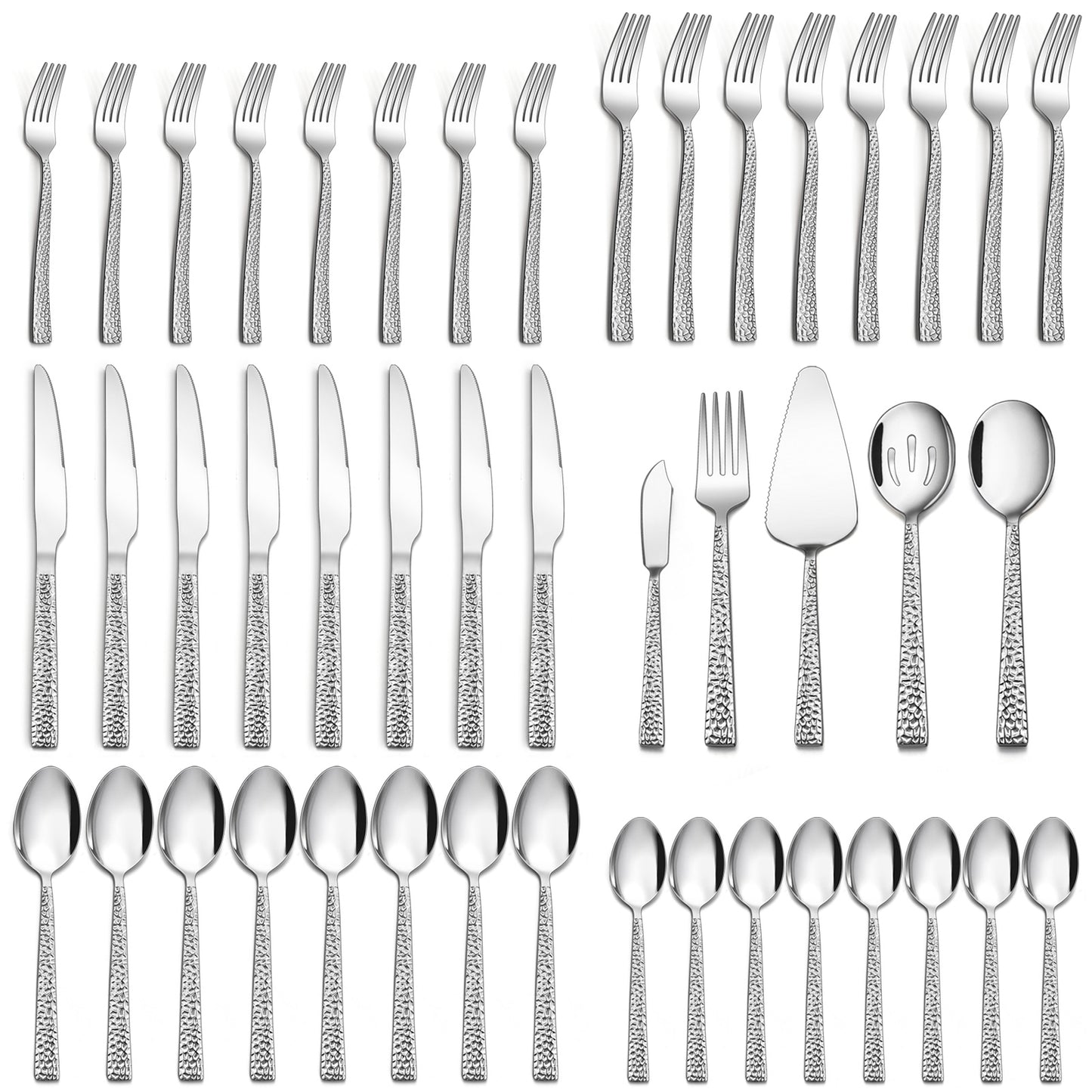 Vesteel 40-Piece Hammered Silverware Set with 5 Serving Utensils, Stainless Steel Square Flatware Tableware Cutlery Set Service for 8, Heavy Duty & Dishwasher Safe