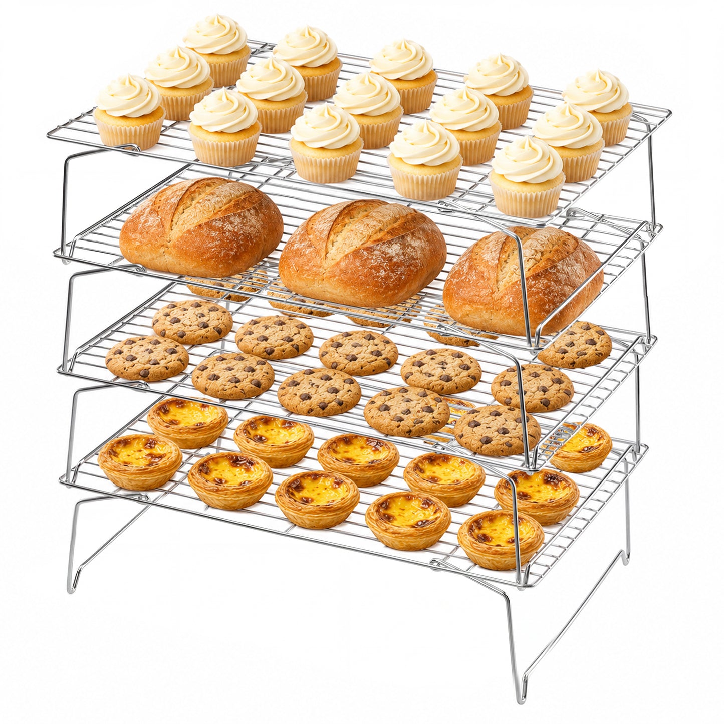 Vesteel 4-Tier Stainless Steel Cooling Racks, Stackable Baking Cooking Racks for Bread Cookie Cakes, Wire Racks with Folding Legs, Oven & Dishwasher Safe, 16.5’’ x 11.4’’