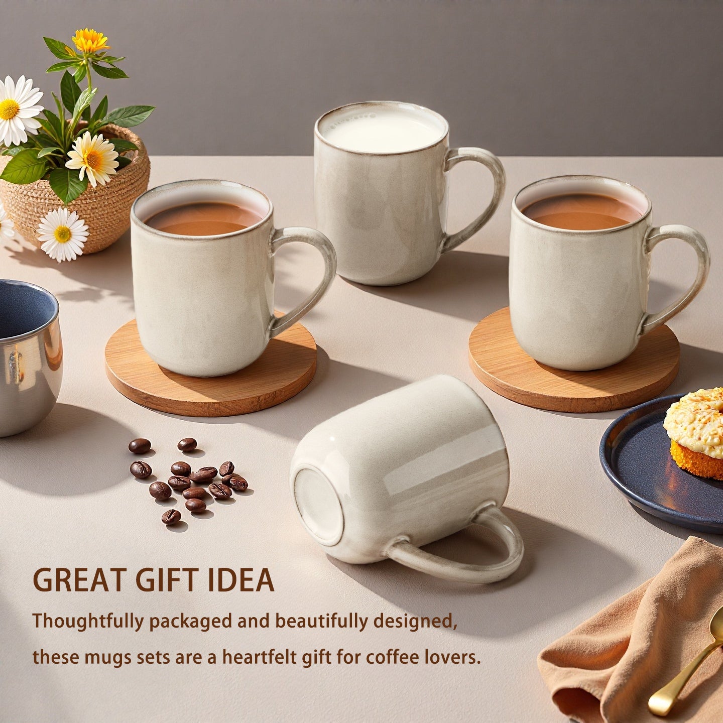 Onader 14OZ Coffee Mugs Set of 4, Stoneware Coffee Mugs Set with Handle, Ceramic Coffee Cups for Latte/Tea/Cappuccino, Dishwasher & Microwave Safe - Khaki