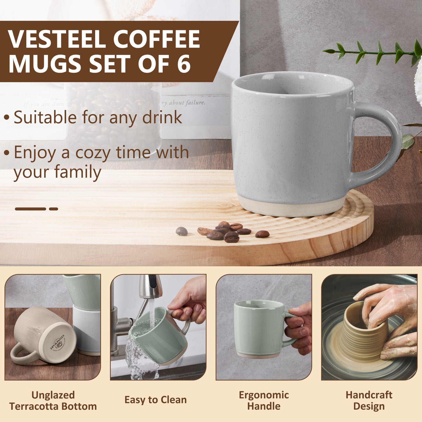 Vesteel Coffee Mugs Set of 6, 12oz Ceramic Coffee Cups Set with Makeup Clay for Coffee Tea Milk, Mug Gifts for Thanksgiving Day Anniversary, Multi-color