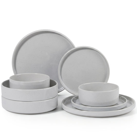 Onader 8-Piece Stoneware Dinnerware Set, Speckled Porcelain Plates and Bowls for the Kitchen, High-Quality Handcrafted Ceramic Dinnerware, Microwave & Dishwasher Safe - Light Gray