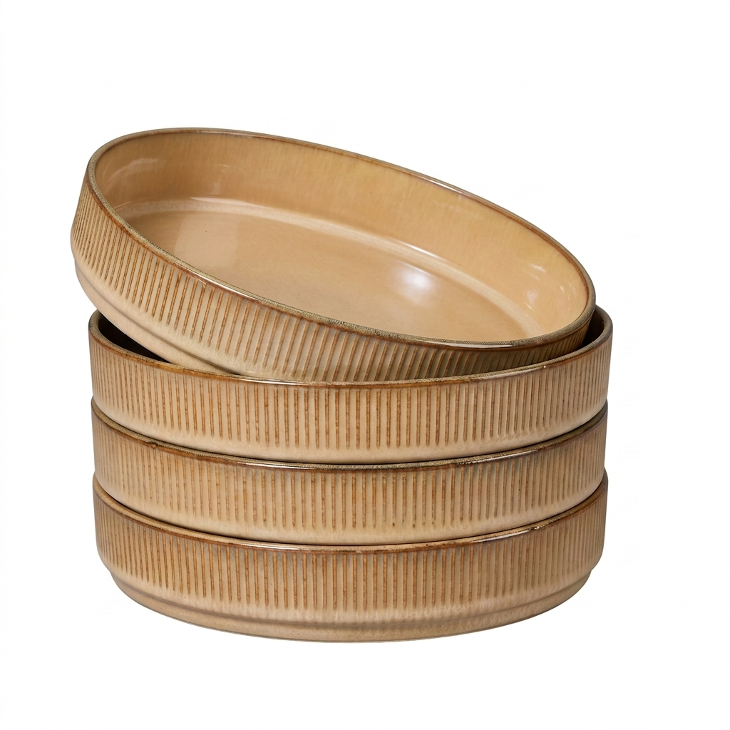 Vesteel Pasta Bowls Set of 4, 32oz Large Salad Bowls for Dinner Serving Soup, Ceramic Stoneware Pasta Plates with Textured Stripes, Microwave & Dishwasher Safe, Khaki