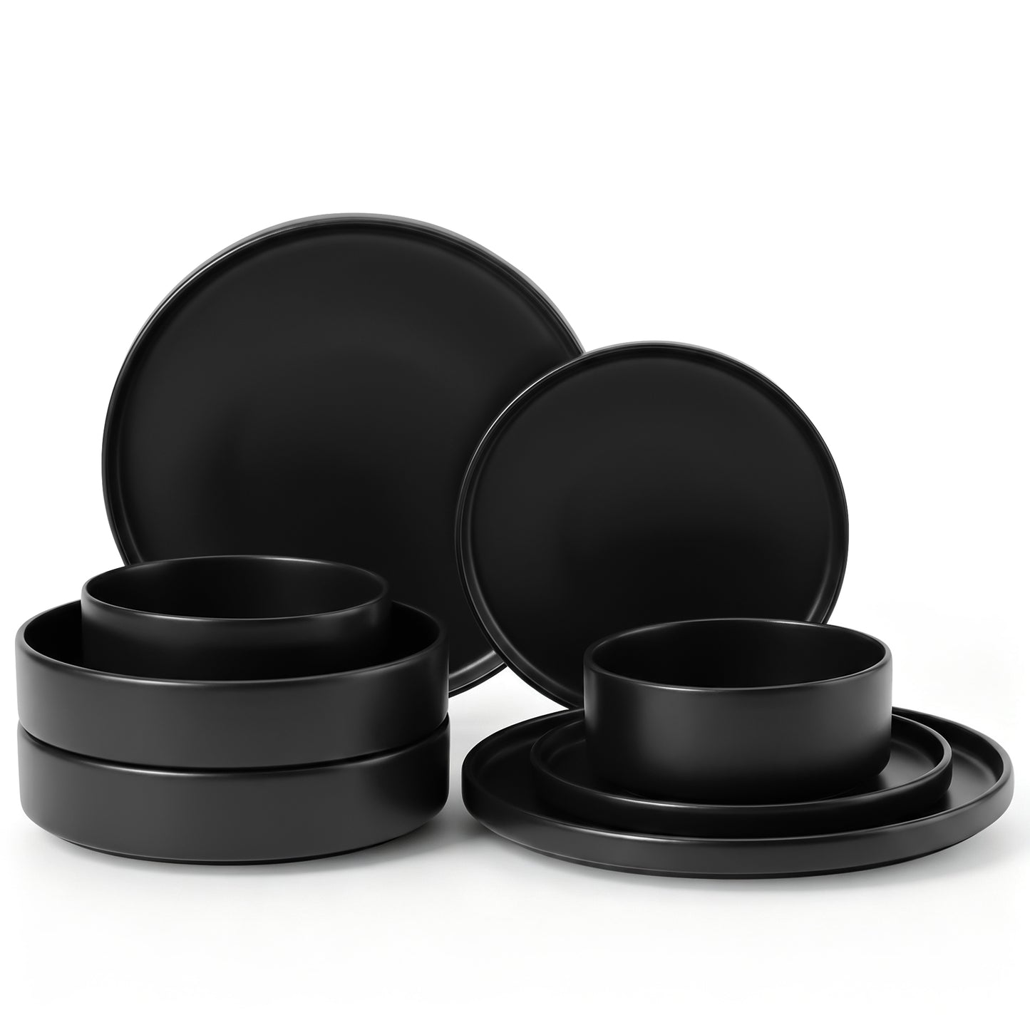 Onader 8-Piece Stoneware Dinnerware Set, Vertical Plates and Bowls for the Kitchen, Premium Glaze Handcrafted Ceramic Dinnerware, Microwave & Dishwasher Safe - Matte Black
