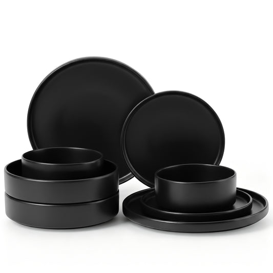 Onader 8-Piece Stoneware Dinnerware Set, Vertical Plates and Bowls for the Kitchen, Premium Glaze Handcrafted Ceramic Dinnerware, Microwave & Dishwasher Safe - Matte Black