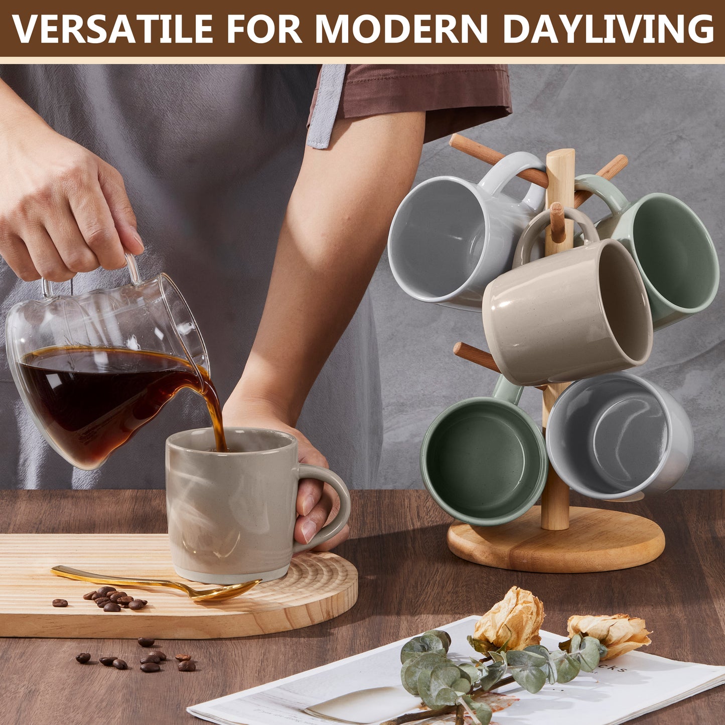 Vesteel Coffee Mugs Set of 6, 12oz Ceramic Coffee Cups Set with Makeup Clay for Coffee Tea Milk, Mug Gifts for Thanksgiving Day Anniversary, Multi-color