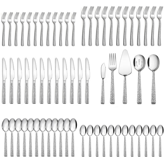 Vesteel 60-Piece Hammered Silverware Set with 5 Serving Utensils, Stainless Steel Square Flatware Tableware Cutlery Set Service for 12, Heavy Duty & Dishwasher Safe