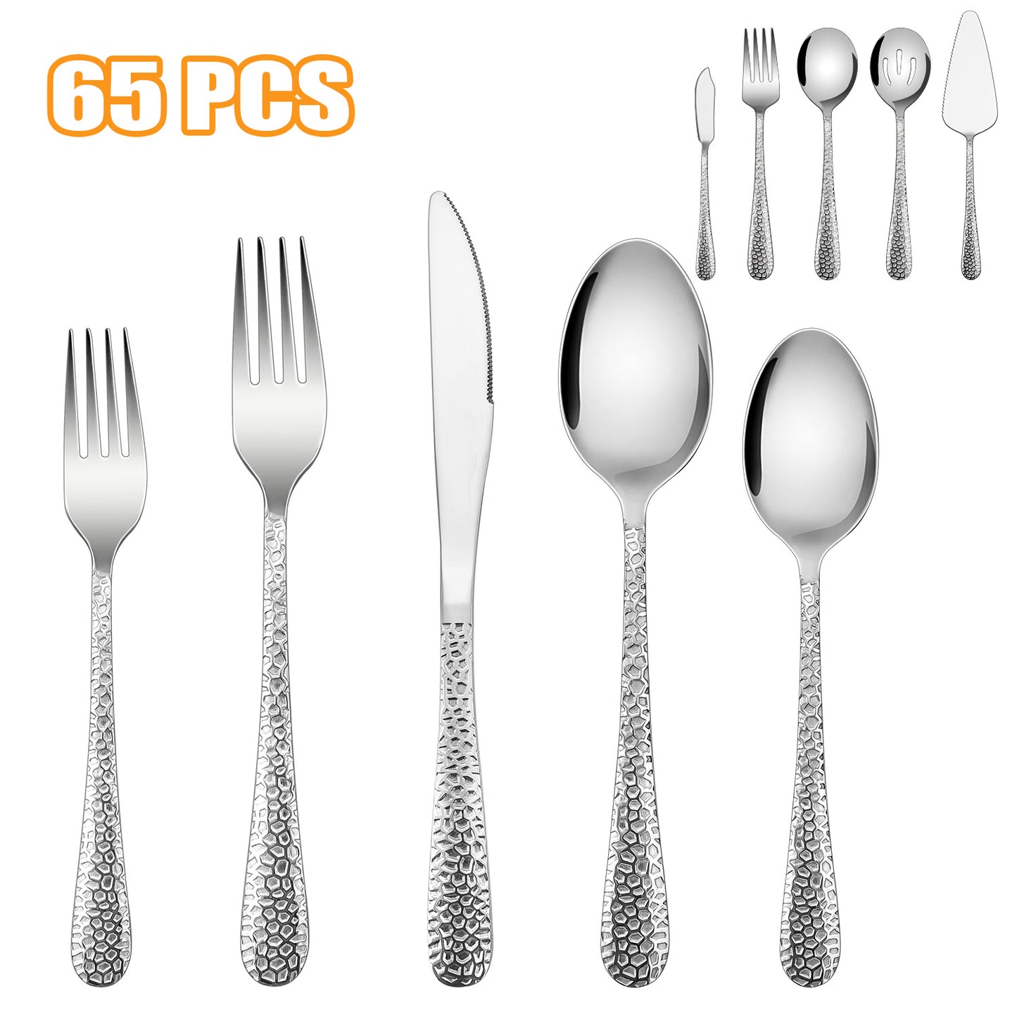 Vesteel 65 Piece Hammered Silverware Set with Serving Utensils, Stainless Steel Flatware Cutlery Set for 12, Heavy Duty Eating Utensils Tableware, Mirror Polished & Dishwasher Safe
