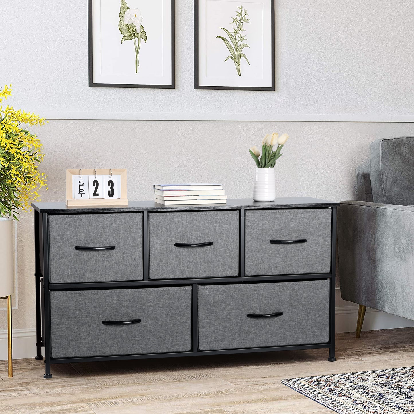 Vesteel 5 Drawers Dresser, Wide Chest of Drawers Fabric Dresser with Wood Top and Sturdy Steel Frame, Storage Organizer Unit for Closet, Living Room, Hallway - Grey