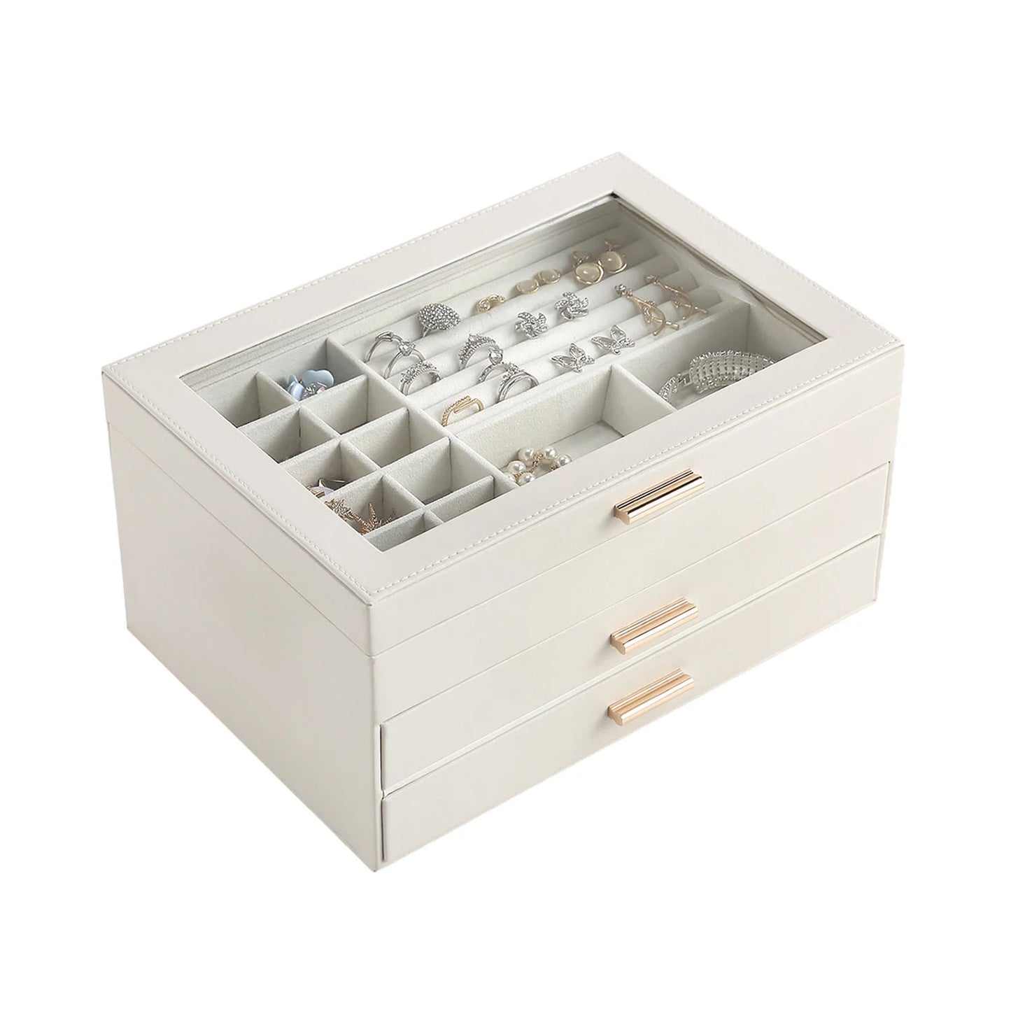 Vesteel Jewelry Box for Women Girl, 3-Layer 2 Drawer Jewelry Storage Organizer with Clear Lid for Thanksgiving Christmas, Large Jewelry Case for Rings Necklaces Earrings Watches - White