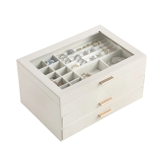 Vesteel Jewelry Box for Women Girl, 3-Layer 2 Drawer Jewelry Storage Organizer with Clear Lid for Thanksgiving Christmas, Large Jewelry Case for Rings Necklaces Earrings Watches - White