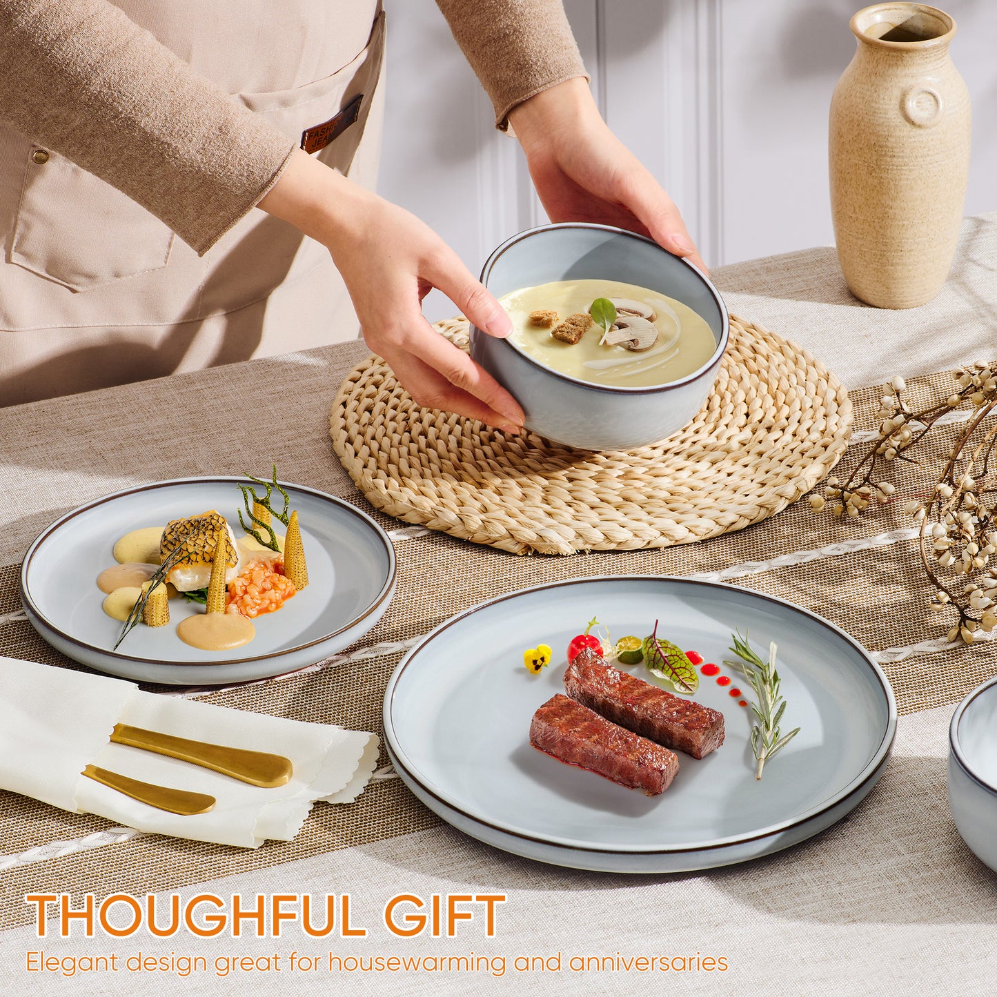 Vesteel 12-Piece Dinnerware Sets, Stoneware Dish and Bowls Set for 4, Ceramic Plates Set with Zisha Clay Base for Home Kitchen, Chip & Scratch Resistant - Ivory White