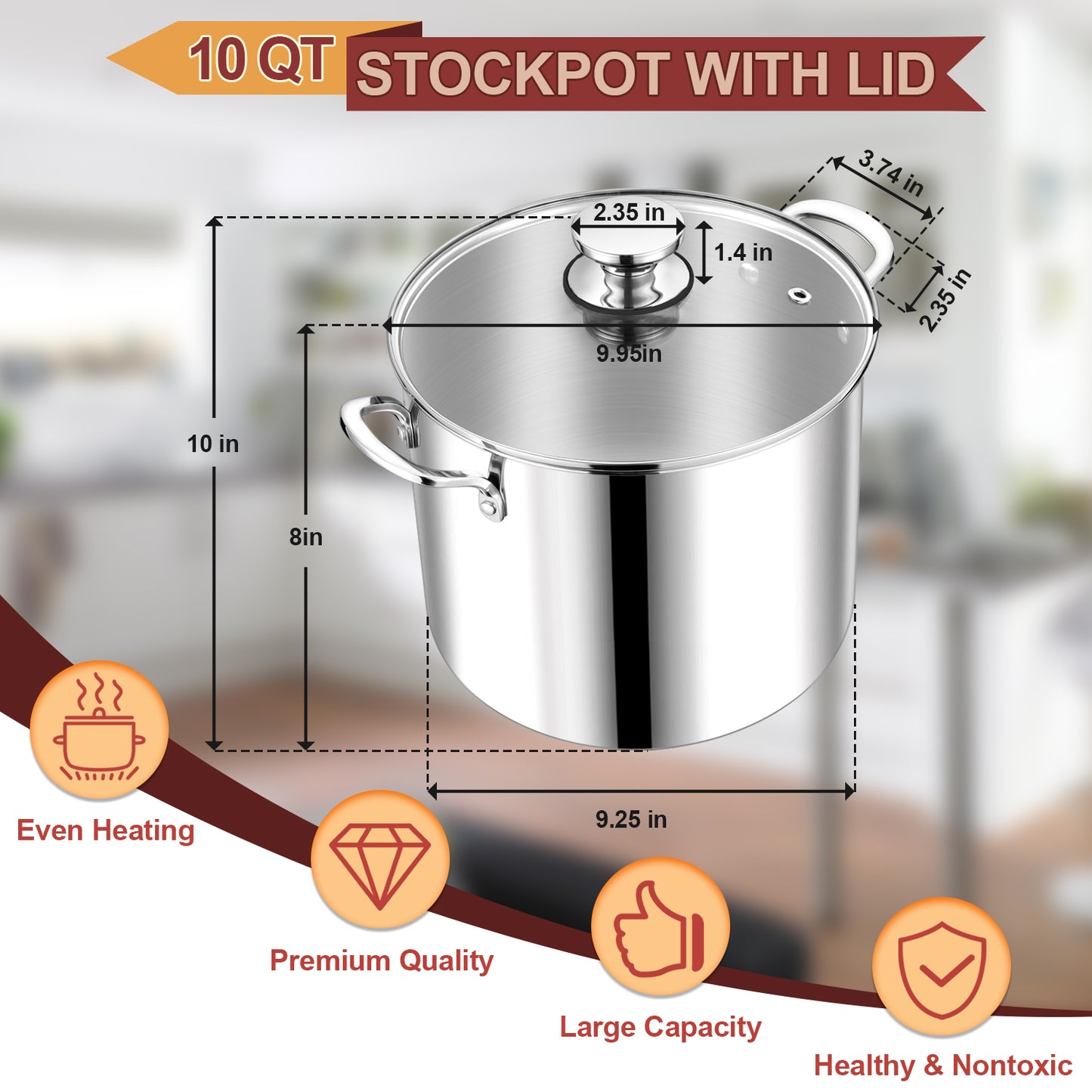 Vesteel 10QT Stock Pot with Lid, Tri-Ply Bottom Stainless Steel Stockpot for Cooking Simmering Soup Stew, Heavy Duty Cookware Compatible with All Cooktops, Dishwasher Safe