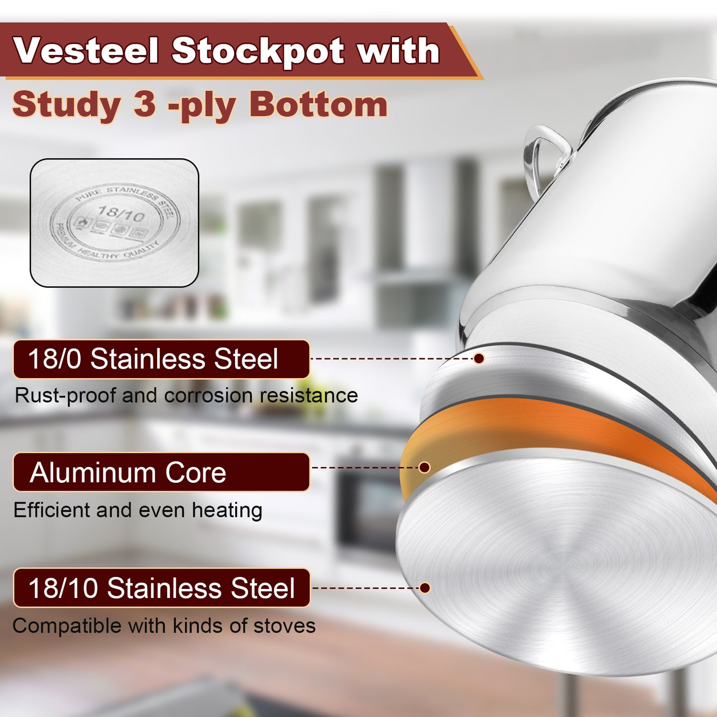 Vesteel 10QT Stock Pot with Lid, Tri-Ply Bottom Stainless Steel Stockpot for Cooking Simmering Soup Stew, Heavy Duty Cookware Compatible with All Cooktops, Dishwasher Safe