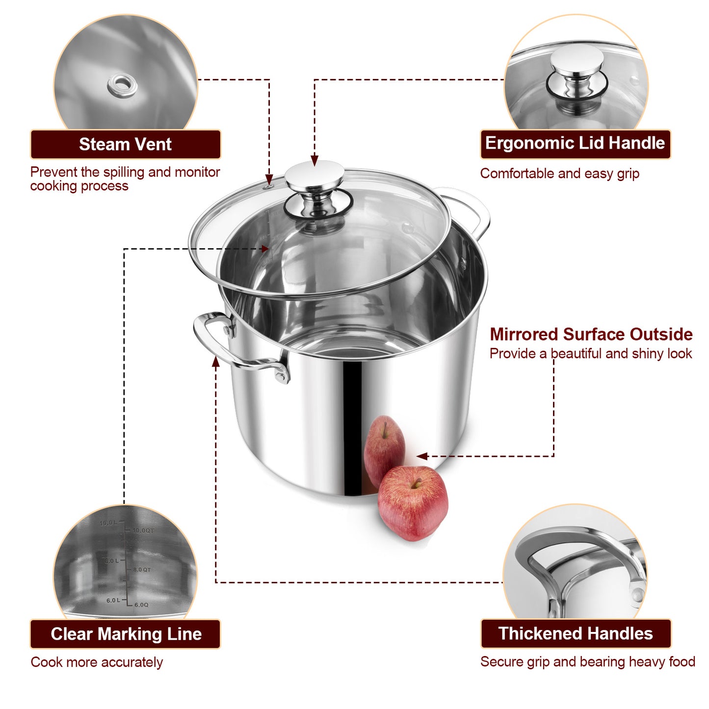 Vesteel 10QT Stock Pot with Lid, Tri-Ply Bottom Stainless Steel Stockpot for Cooking Simmering Soup Stew, Heavy Duty Cookware Compatible with All Cooktops, Dishwasher Safe