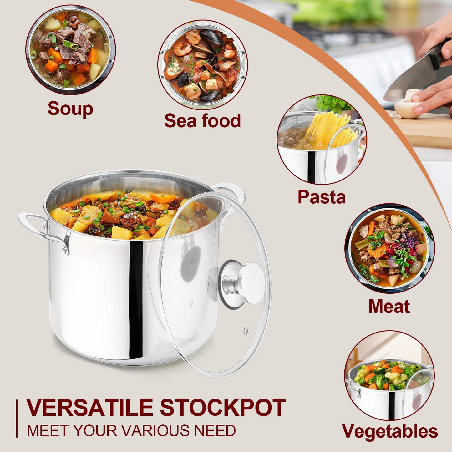 Vesteel 10QT Stock Pot with Lid, Tri-Ply Bottom Stainless Steel Stockpot for Cooking Simmering Soup Stew, Heavy Duty Cookware Compatible with All Cooktops, Dishwasher Safe