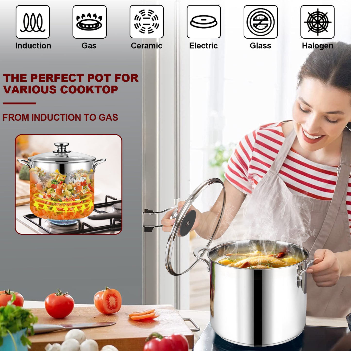 Vesteel 10QT Stock Pot with Lid, Tri-Ply Bottom Stainless Steel Stockpot for Cooking Simmering Soup Stew, Heavy Duty Cookware Compatible with All Cooktops, Dishwasher Safe