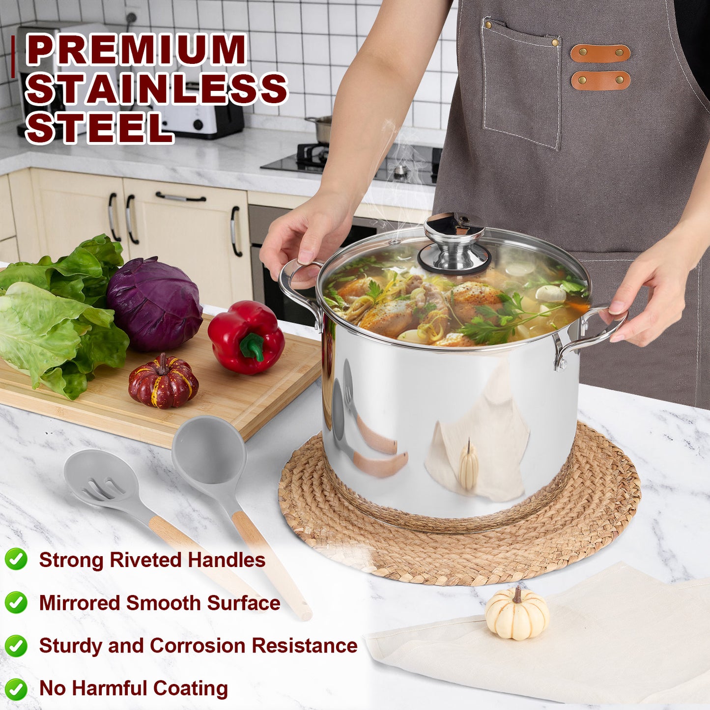 Vesteel 10QT Stock Pot with Lid, Tri-Ply Bottom Stainless Steel Stockpot for Cooking Simmering Soup Stew, Heavy Duty Cookware Compatible with All Cooktops, Dishwasher Safe