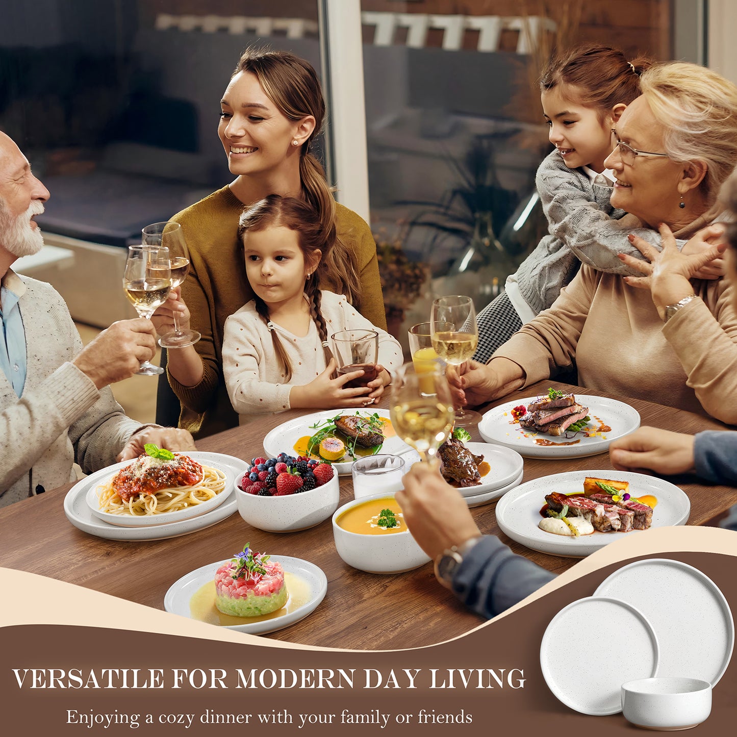 Vesteel 18-Piece Dinnerware set, Ceramic Plates and Bowls set for 6, Speckled Stoneware Dishes Set for Family, Microwave & Dishwasher Safe - Speckled White