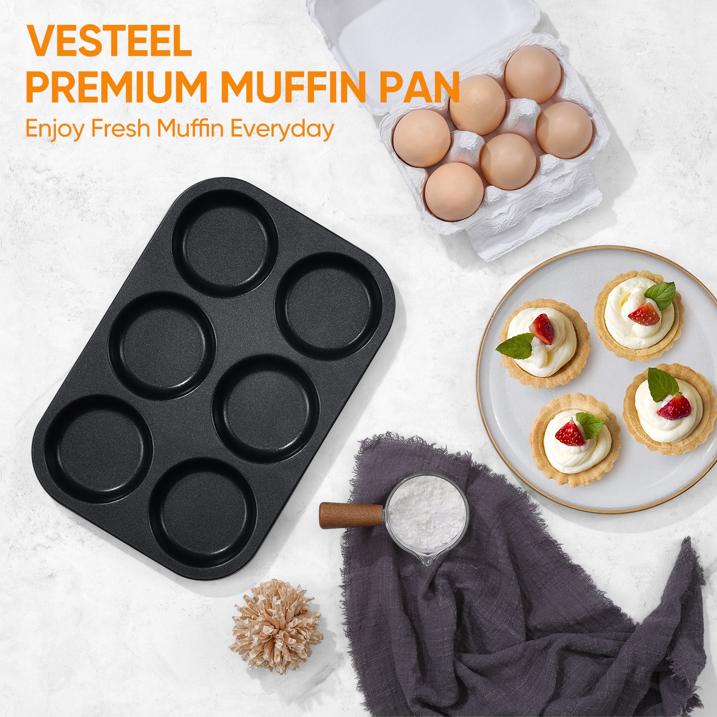 Vesteel Muffin Top Pan, 6-Cup Stainless Steel Cupcake Pan for Baking, 11” x 7.5” Regular Size Metal Pan Tin Tray for Mini Cake Cookie Egg Hamburger, Oven Safe