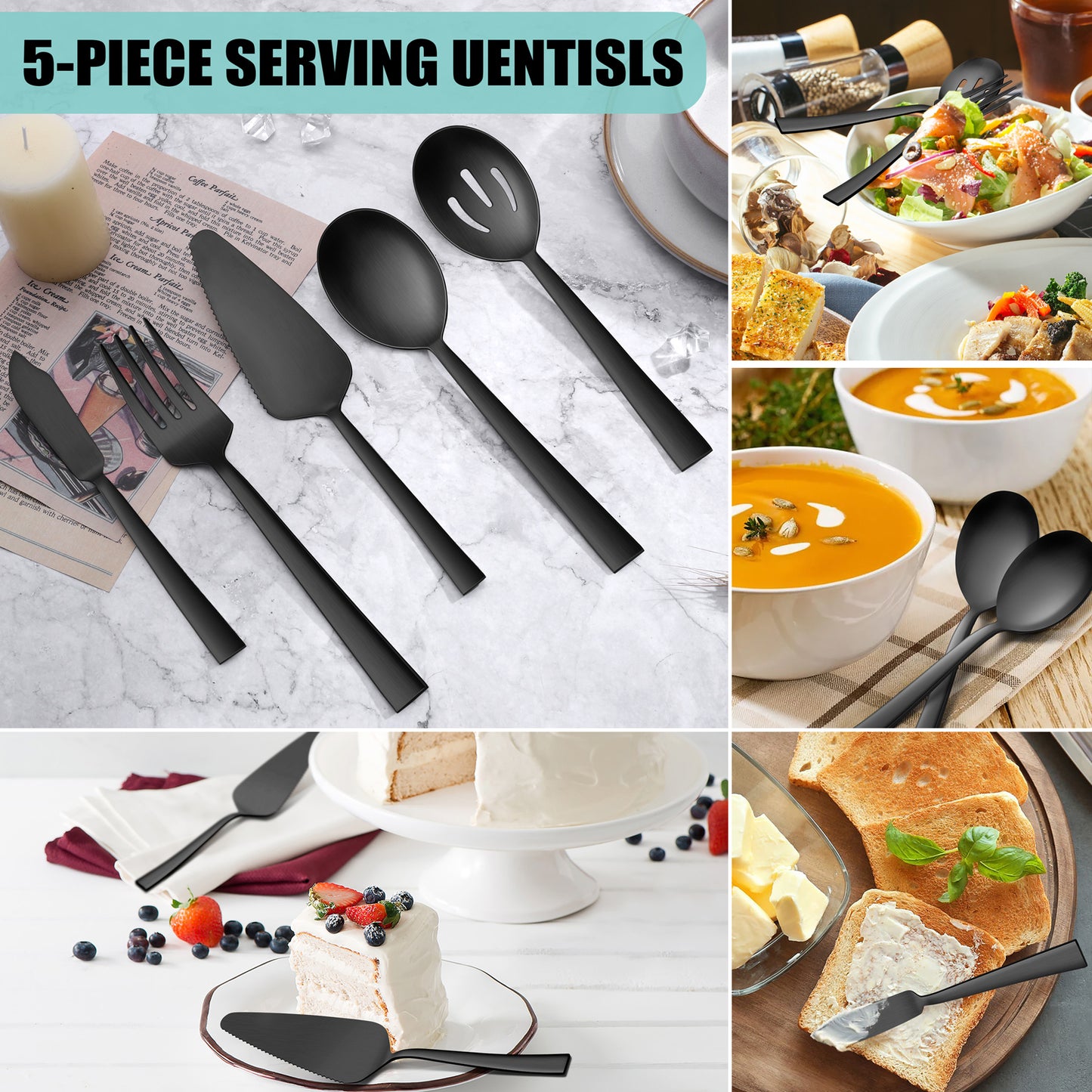 VeSteel 65Pcs Matte Black Silverware Set with Serving Utensils, Stainless Steel Flatware Set Service for 12, Metal Cutlery Eating Utensils Tableware Includes Forks/Spoons/Knives/Hostess Set