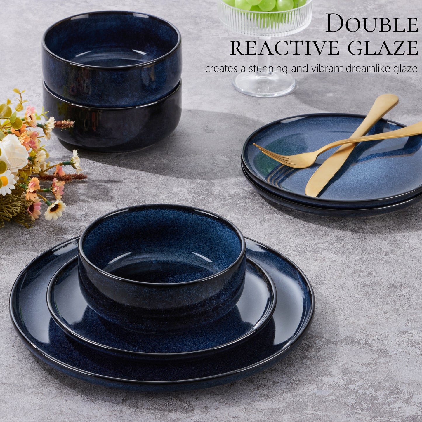 Vesteel Dinnerware Sets for 4, 12-Piece Stoneware Dish and Bowls Set, Handmade Reactive Glaze Coupe Plates Set for Family, Chip & Scratch Resistant - Ocean Blue
