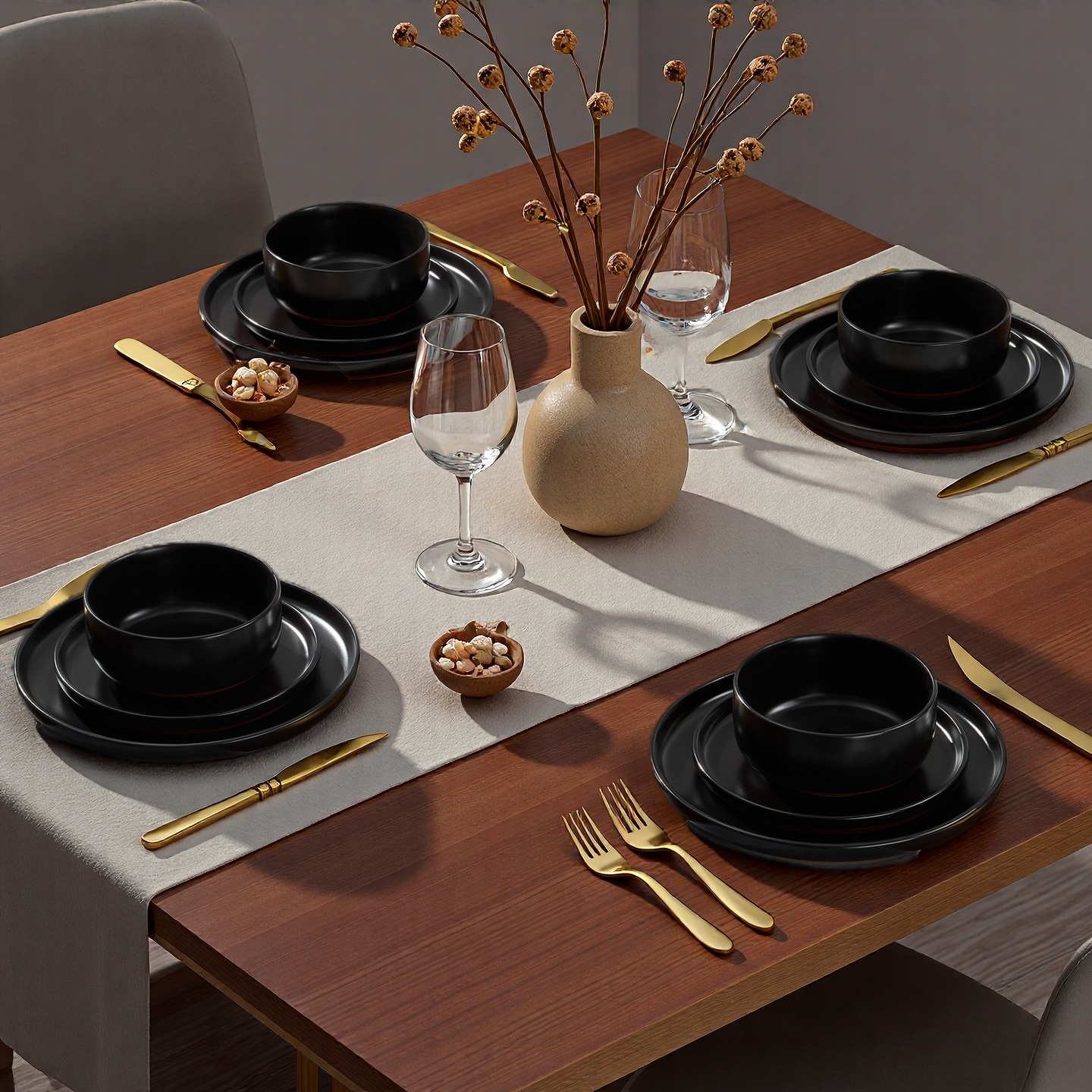 Onader 12-Piece Dinnerware Sets, Plates and Bowls Set for 4, Stoneware Dishware for Home Restaurant, Dishwasher & Microwave Safe, Matte Black