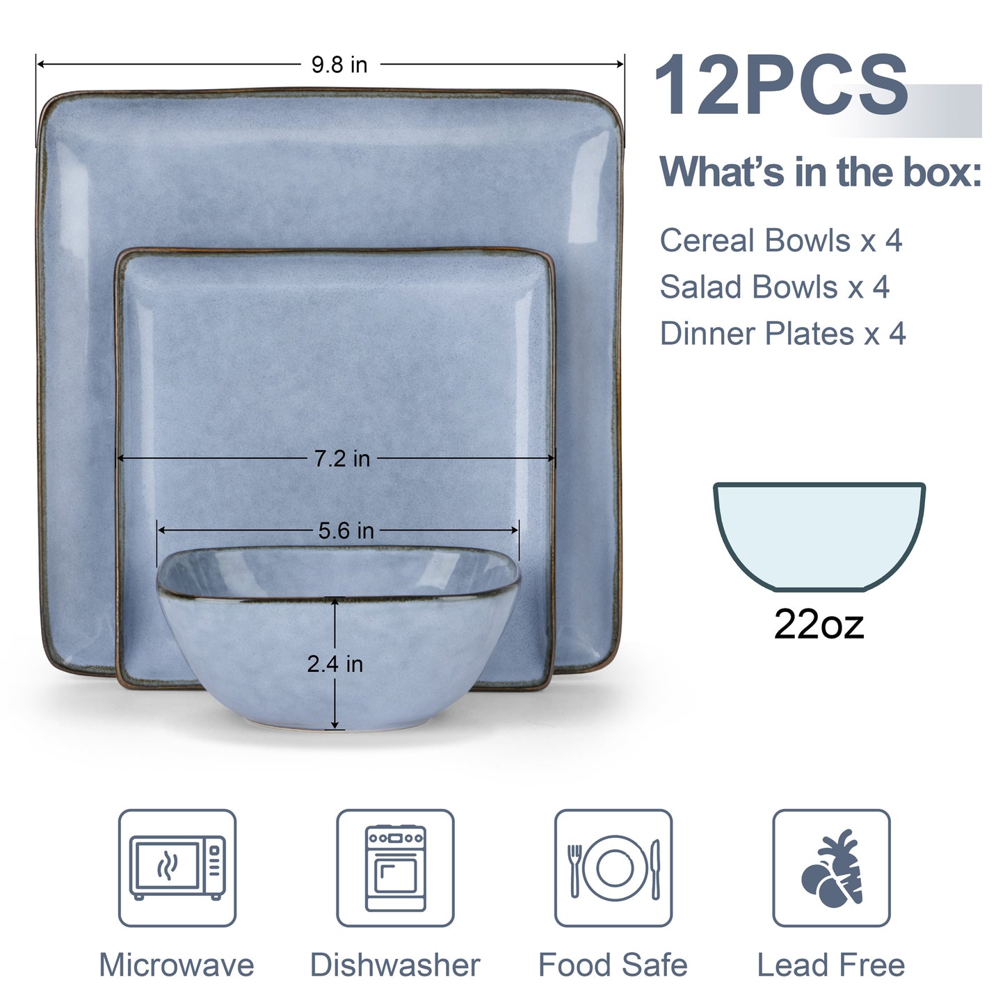 Vesteel Dinnerware Sets for 4, 12-Piece Square Stoneware Dish and Bowls Set, Handmade Reactive Glaze Coupe Plates Set, Chip & Scratch Resistant - Uranus Blue