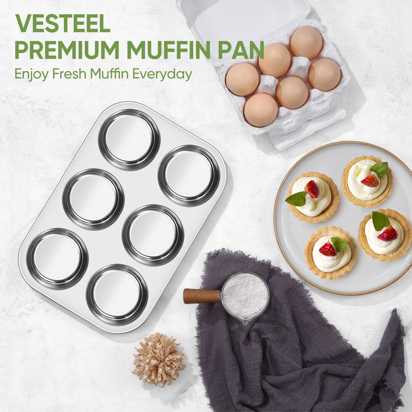 Vesteel 6-Cup Muffin Pan, Stainless Steel Cupcake Pan Metal Muffin Baking Tins for Oven, Non-toxic & Dishwasher Safe