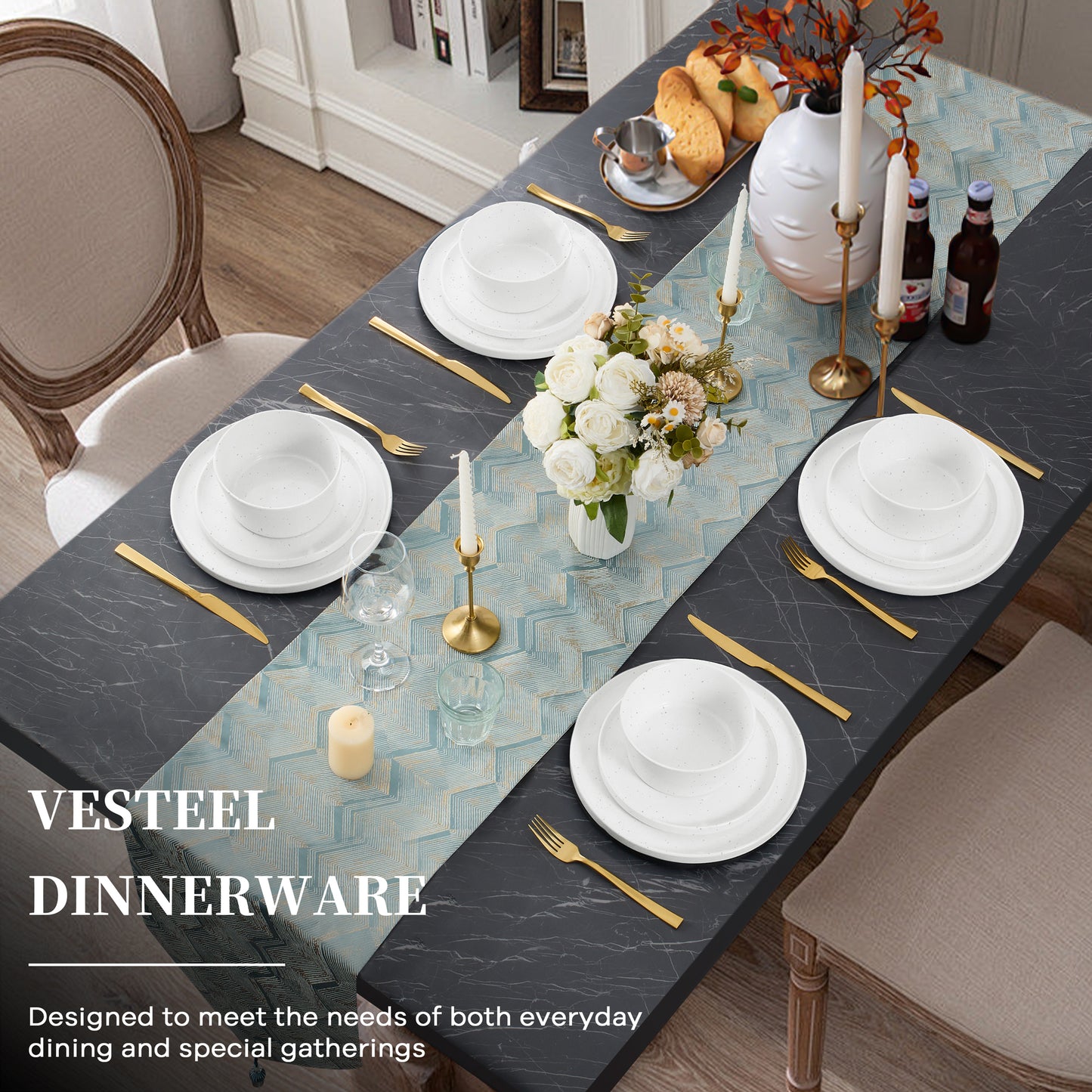 Vesteel Dinnerware Sets for 4, 12Pcs Stoneware Plates and Bowls Sets, Elegant Tableware set for Home Restaurant, Chip & Scratch Resistant Dishes Set , Speckle White