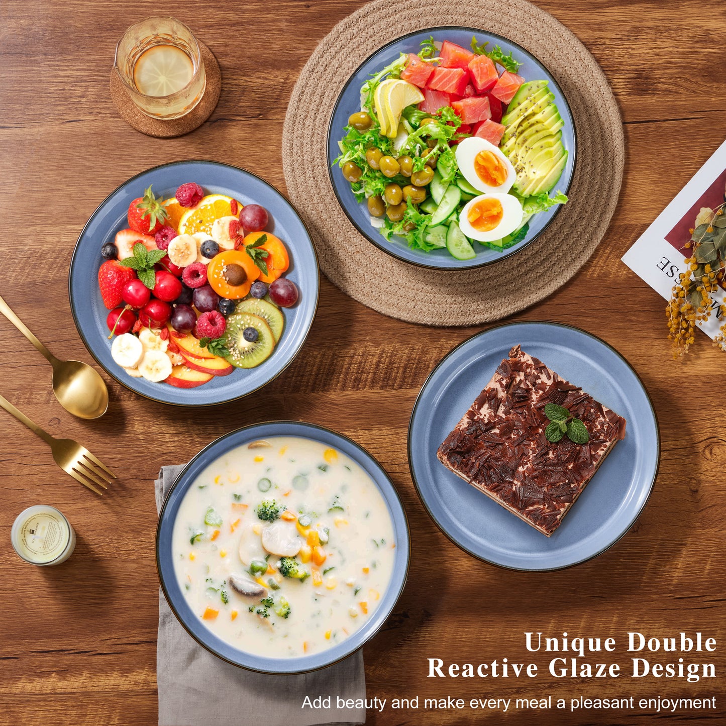 Vesteel Pasta Bowls Set of 4, 34oz Salad Plates for Home Kitchen, Double Reactive Glaze Large Wide Ceramic Bowls for Serving Dinner, Microwave & Dishwasher Safe, Grayish Blue