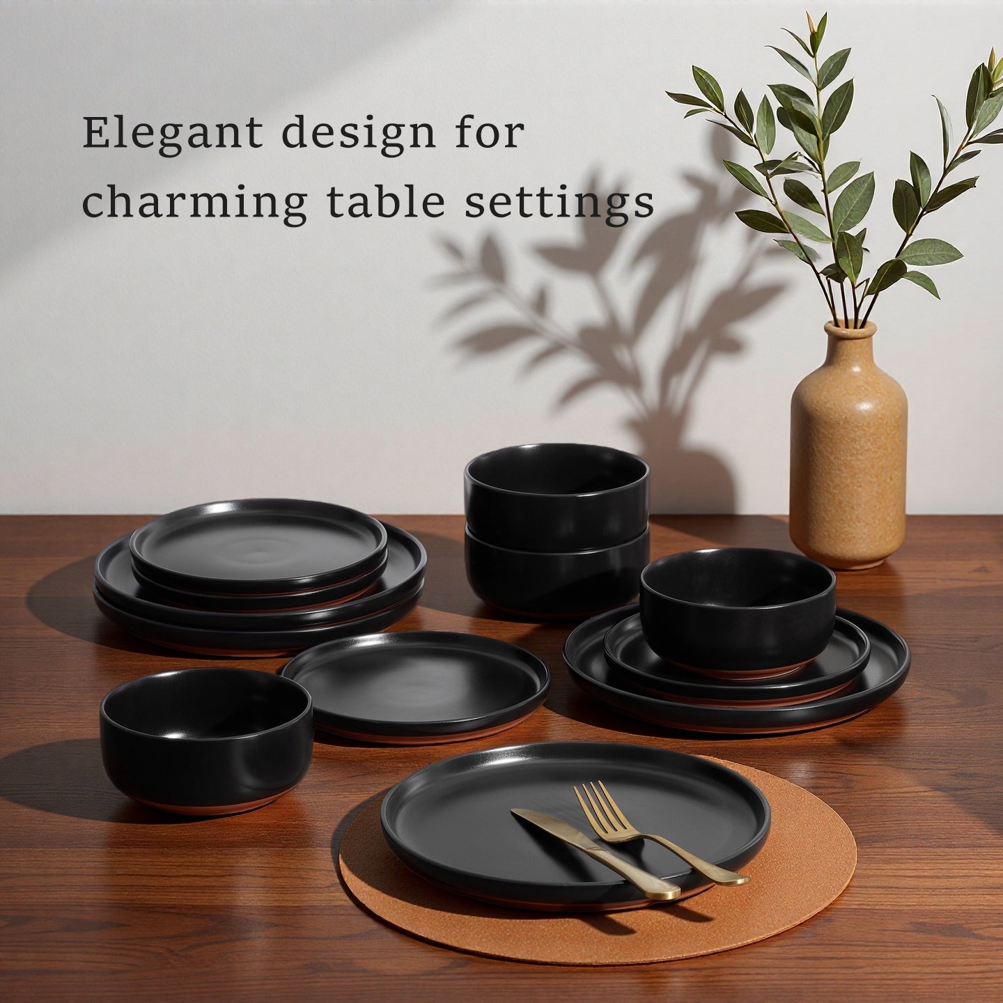 Onader 12-Piece Dinnerware Sets, Plates and Bowls Set for 4, Stoneware Dishware for Home Restaurant, Dishwasher & Microwave Safe, Matte Black